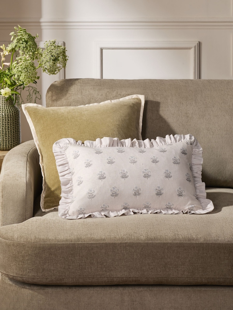 Grey Ruffle Edge Woodblock Floral Cushion - Image 1 of 5