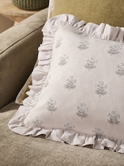 Grey Ruffle Edge Woodblock Floral Cushion - Image 2 of 5