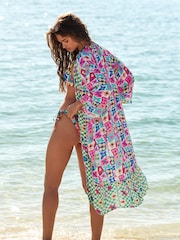 Eleanor Bowmer Green/White Flower Check Long Kimono - Image 3 of 10
