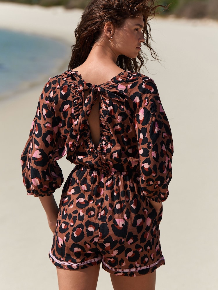 Eleanor Bowmer Multi Bright 100% Cotton Leopard Print Tie Back Playsuit - Image 2 of 8
