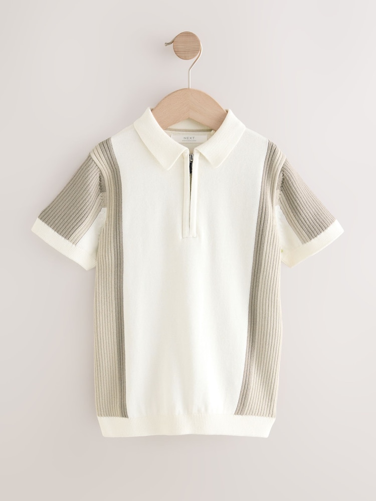 Neutral Colourblock 100% Cotton Knitted Zip Neck Polo Shirt (3-16yrs) - Image 1 of 4