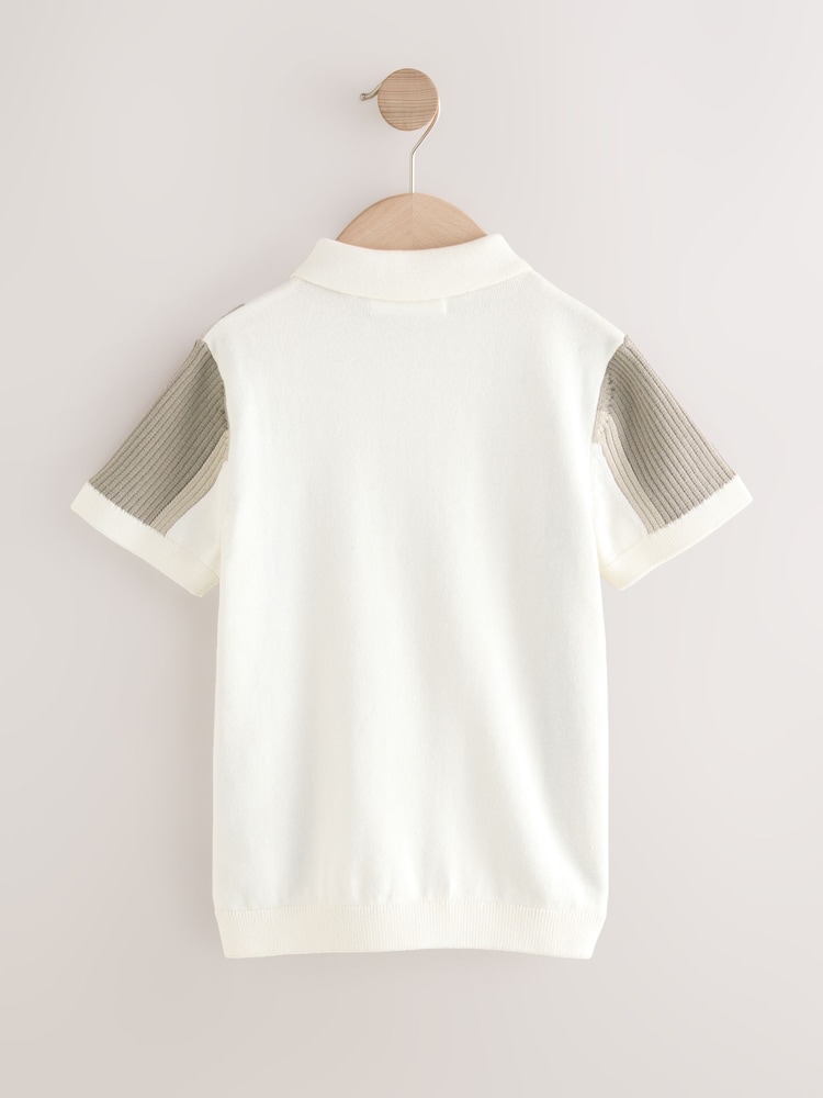 Neutral Colourblock 100% Cotton Knitted Zip Neck Polo Shirt (3-16yrs) - Image 2 of 4
