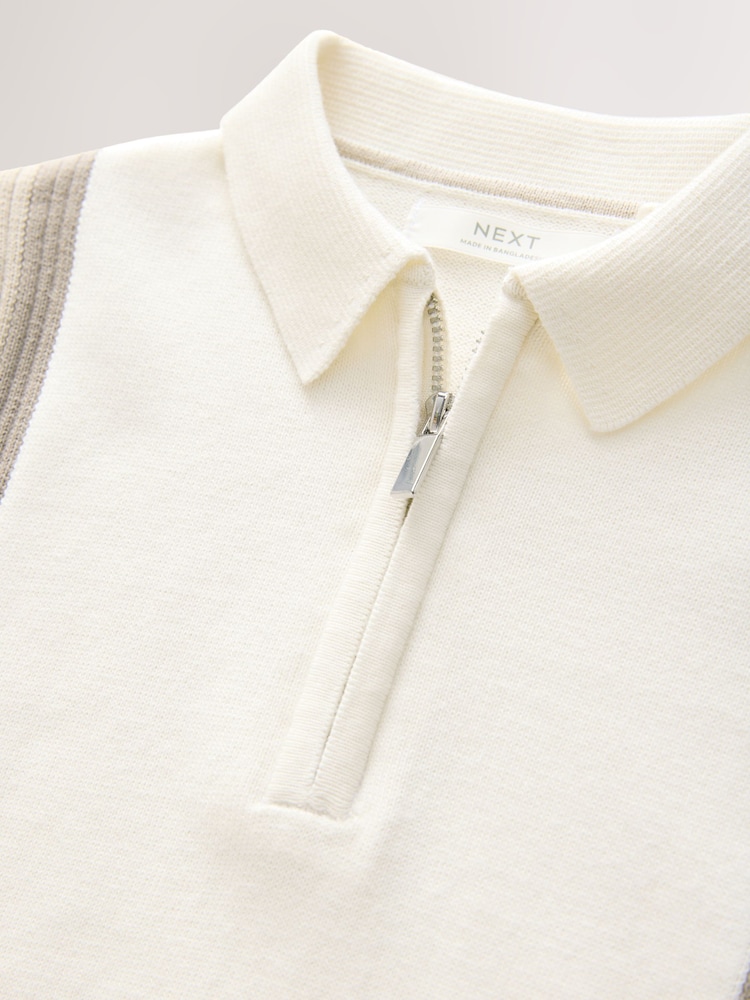 Neutral Colourblock 100% Cotton Knitted Zip Neck Polo Shirt (3-16yrs) - Image 3 of 4
