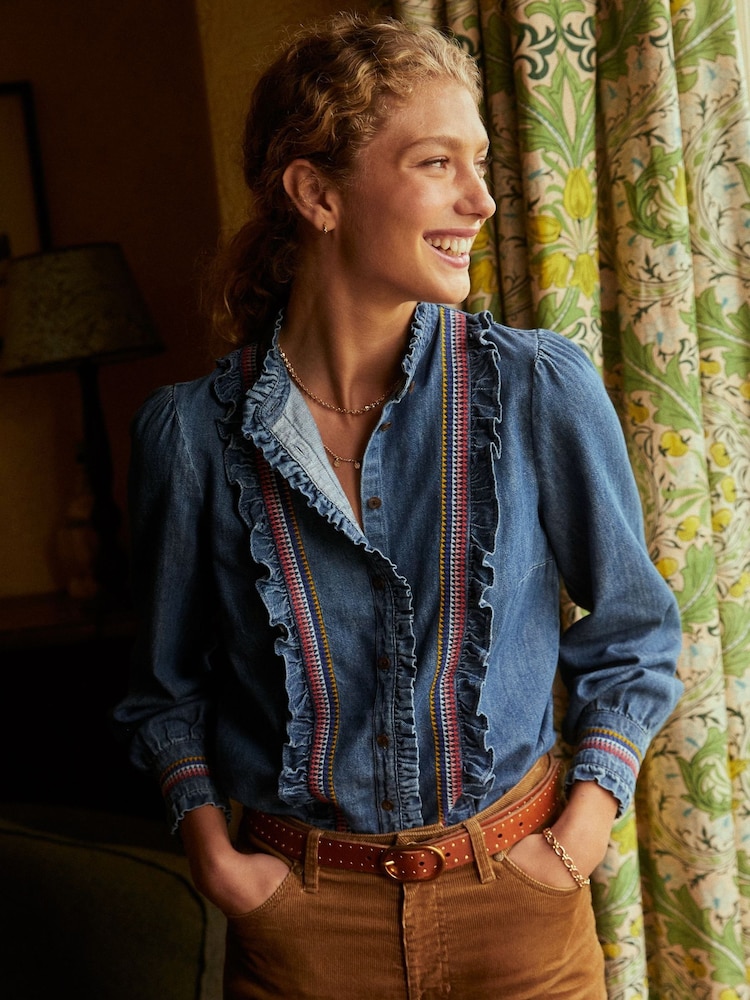 Boden Blue Isla Denim Frill Detail Blouse - Image 1 of 5
