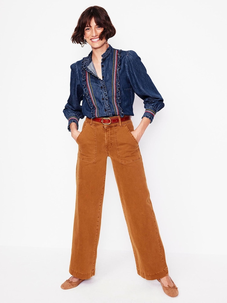 Boden Blue Isla Denim Frill Detail Blouse - Image 2 of 5
