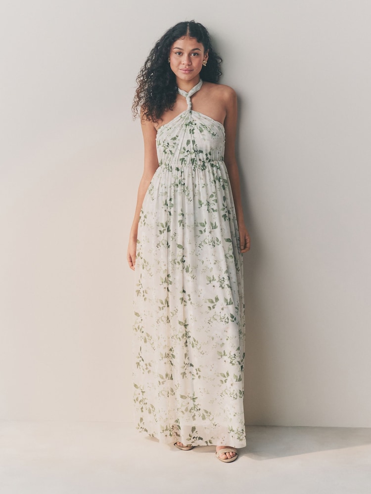 Vert sauge à fleurs - Robe longue de demoiselle d’honneur de mariage en maille Multiway - Image 3 of 10