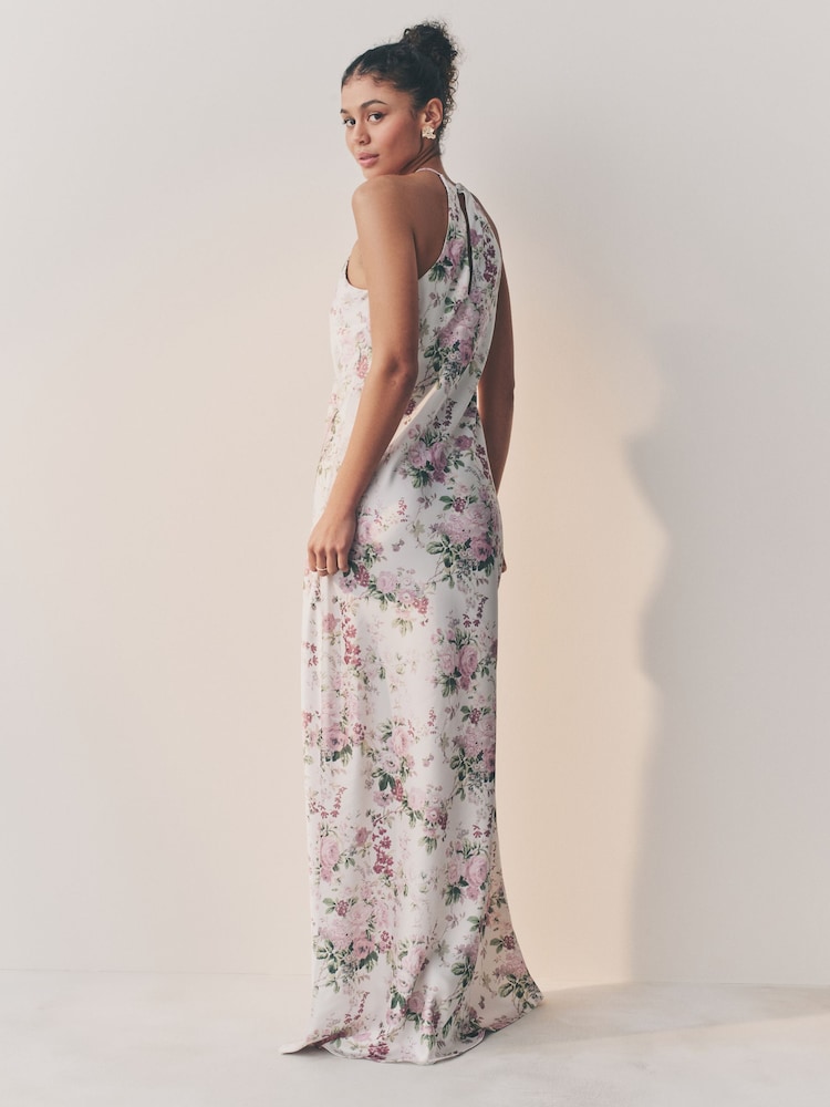 Blanc et Rose Floral - Robe longue en satin à col montant - Image 3 of 4