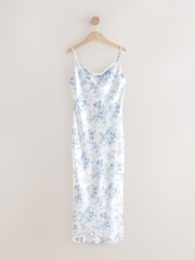 White/Blue Floral Bridesmaid Satin Cowl Neck V-Back Maxi Dress - Image 5 of 7