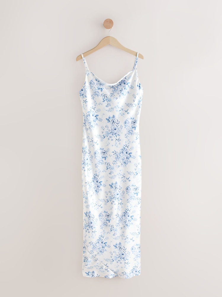 White/Blue Floral Bridesmaid Satin Cowl Neck V-Back Maxi Dress - Image 5 of 7