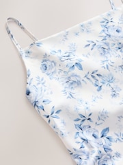 White/Blue Floral Bridesmaid Satin Cowl Neck V-Back Maxi Dress - Image 6 of 7