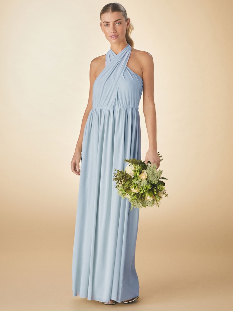 Dusky Blue Mesh Multiway Bridesmaid Wedding Maxi Dress - Image 1 of 6