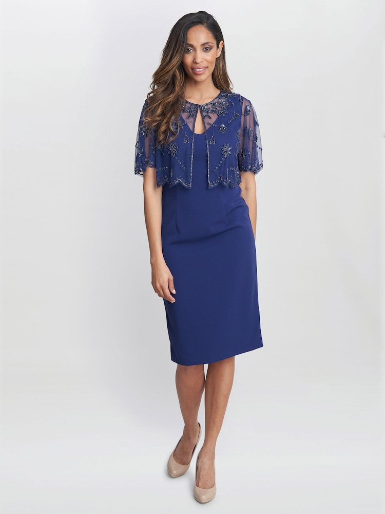 Gina Bacconi Theresa Beaded Bolero Jacekt With Scallop Edge And Crepe Shift Dress - Image 3 of 6
