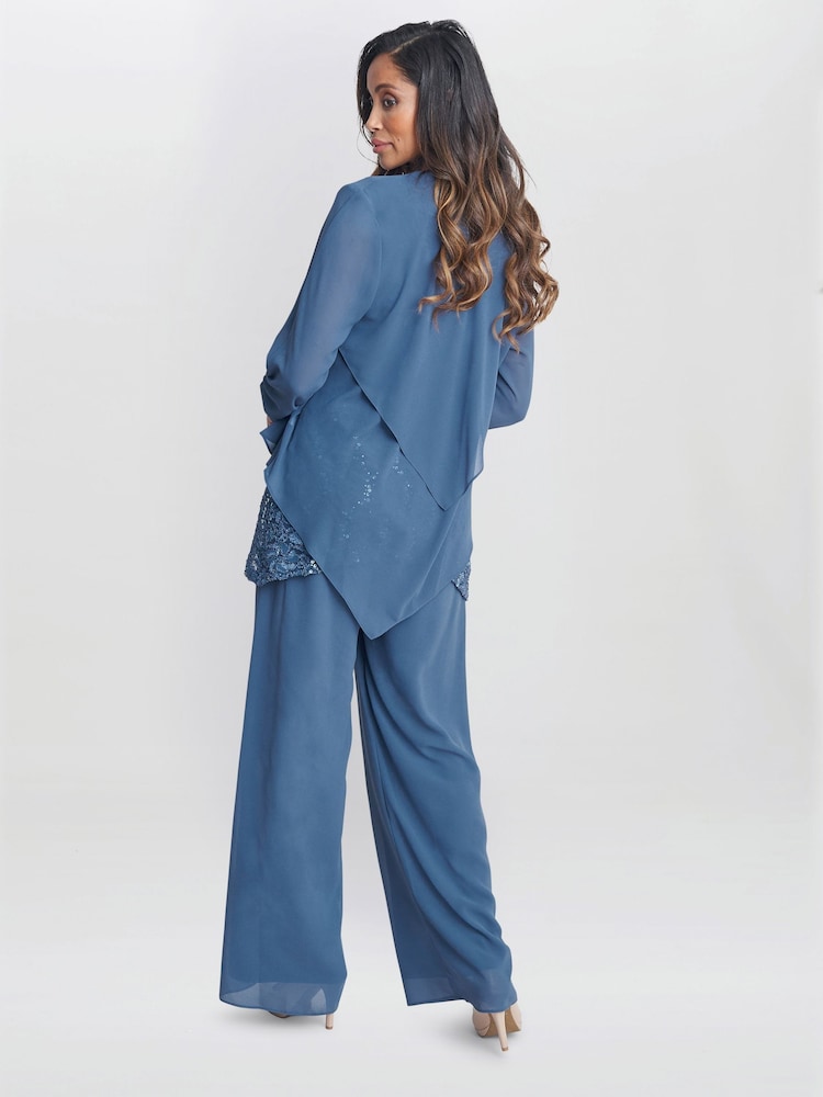 Gina Bacconi Blue Julia Trousers Suit 3 Piece With Lace Top Jacket And Trousers - Image 2 of 4