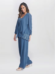 Gina Bacconi Blue Julia Trousers Suit 3 Piece With Lace Top Jacket And Trousers - Image 3 of 4