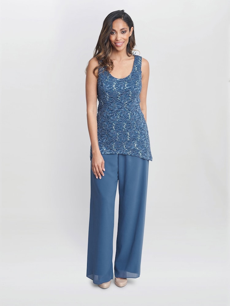 Gina Bacconi Blue Julia Trousers Suit 3 Piece With Lace Top Jacket And Trousers - Image 4 of 4 Gina Bacconi Blue Julia Trousers Suit 3 Piece With Lace Top Jacket And Trousers - Image 4 of 4