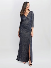 Gina Bacconi Blue Eugenie Metallic Maxi Dress With Ruched Waist And Front Slit - Image 1 of 5