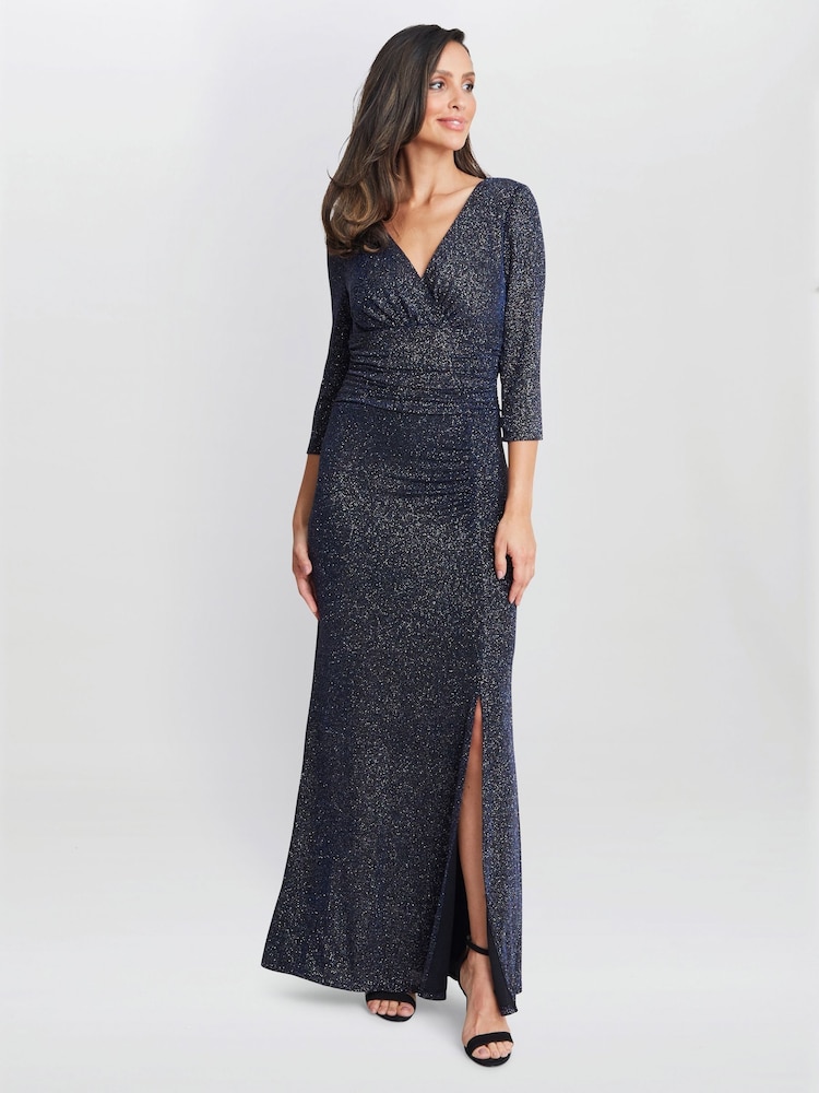Gina Bacconi Blue Eugenie Metallic Maxi Dress With Ruched Waist And Front Slit - Image 1 of 5