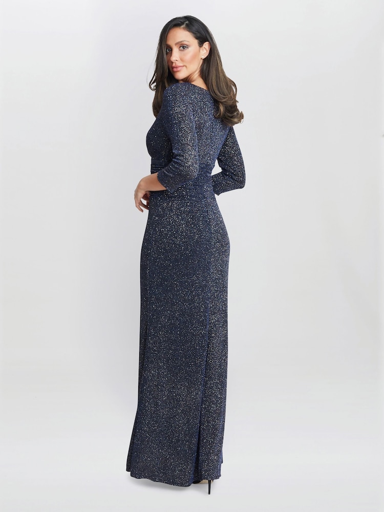 Gina Bacconi Blue Eugenie Metallic Maxi Dress With Ruched Waist And Front Slit - Image 2 of 5
