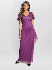 Gina Bacconi Purple Kaitlyn Embroidered Sequin Flutter Sleeve Cascade Dress - Image 1 of 6