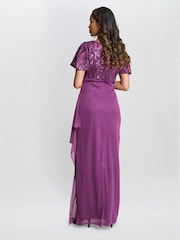 Gina Bacconi Purple Kaitlyn Embroidered Sequin Flutter Sleeve Cascade Dress - Image 2 of 6