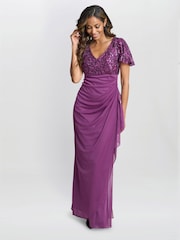 Gina Bacconi Purple Kaitlyn Embroidered Sequin Flutter Sleeve Cascade Dress - Image 3 of 6