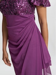 Gina Bacconi Purple Kaitlyn Embroidered Sequin Flutter Sleeve Cascade Dress - Image 4 of 6