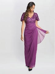 Gina Bacconi Purple Kaitlyn Embroidered Sequin Flutter Sleeve Cascade Dress - Image 5 of 6