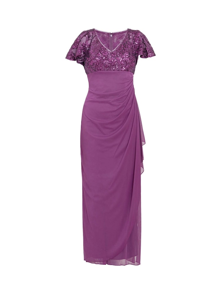 Gina Bacconi Purple Kaitlyn Embroidered Sequin Flutter Sleeve Cascade Dress - Image 6 of 6