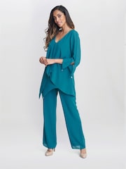 Gina Bacconi Green Wilma Chiffon Suit Top and Trousers Set - Image 1 of 5