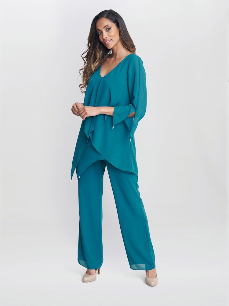 Gina Bacconi Green Wilma Chiffon Suit Top and Trousers Set - Image 1 of 5