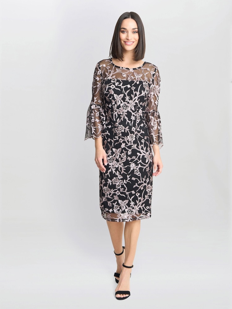 Gina Bacconi Maxine Embroidered Black Shift Dress - Image 1 of 5