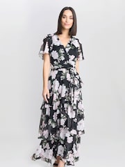 Gina Bacconi Sally Printed Maxi Tiered Black Dress With Tie Belt - Image 1 of 5