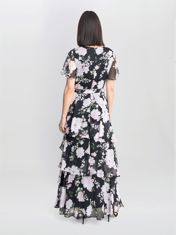 Gina Bacconi Sally Printed Maxi Tiered Black Dress With Tie Belt - Image 2 of 5