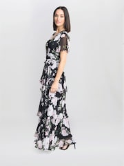 Gina Bacconi Sally Printed Maxi Tiered Black Dress With Tie Belt - Image 5 of 5