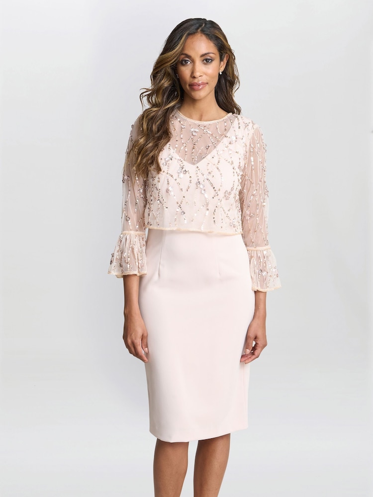 Gina Bacconi Pink Pippa Beaded Jacket With Fluted 3/4 Sleeve And Crepe Shift Dress - Imagen 1 de 5 Gina Bacconi Pink Pippa Beaded Jacket With Fluted 3/4 Sleeve And Crepe Shift Dress - Imagen 1 de 5