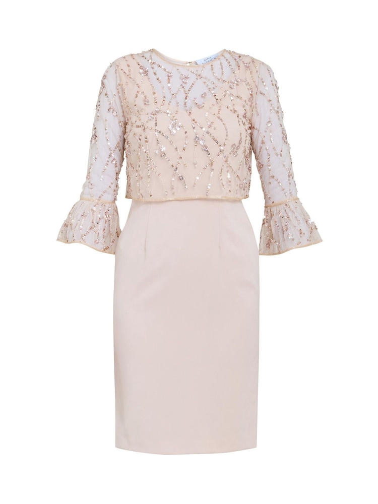 Gina Bacconi Pink Pippa Beaded Jacket With Fluted 3/4 Sleeve And Crepe Shift Dress - Imagen 5 de 5 Gina Bacconi Pink Pippa Beaded Jacket With Fluted 3/4 Sleeve And Crepe Shift Dress - Imagen 5 de 5