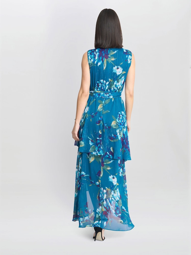 Gina Bacconi Blue Tamara Printed Sleeveless Maxi Dress With Belt - Image 2 of 7