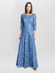 Gina Bacconi Blue Susanna Rosette Maxi Dress With 3/4 Illusion Sleeves - Image 1 of 5