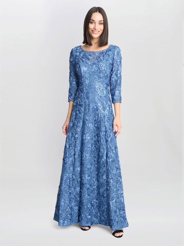 Gina Bacconi Blue Susanna Rosette Maxi Dress With 3/4 Illusion Sleeves - Image 1 of 5