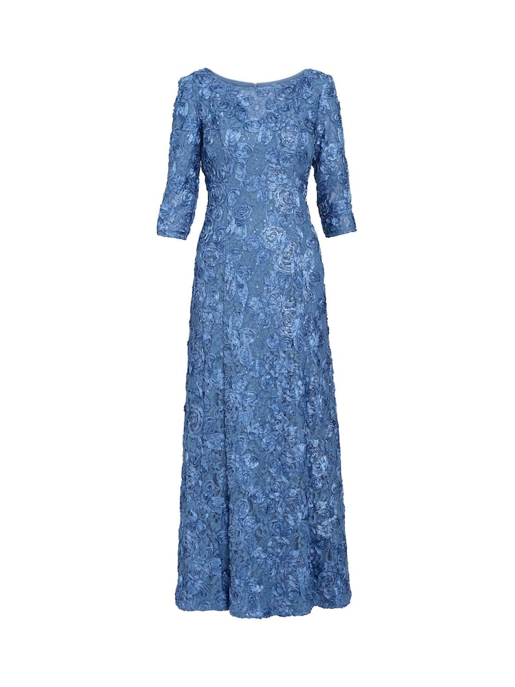 Gina Bacconi Blue Susanna Rosette Maxi Dress With 3/4 Illusion Sleeves - Image 5 of 5