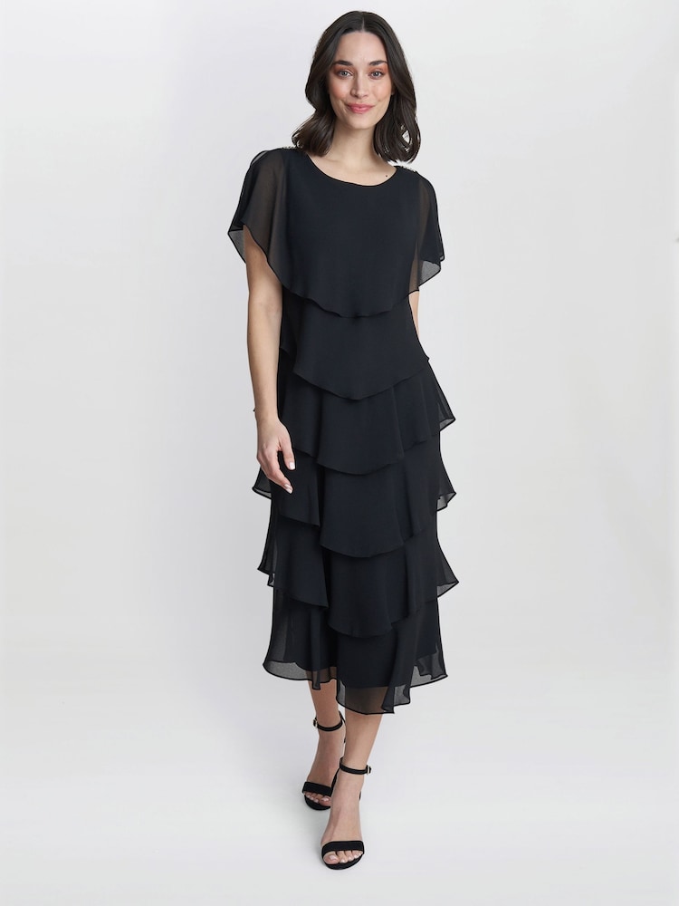 Gina Bacconi Tessa Midi Tiered Black Dress With Shoulder Trim - Imagen 1 de 4 Gina Bacconi Tessa Midi Tiered Black Dress With Shoulder Trim - Imagen 1 de 4