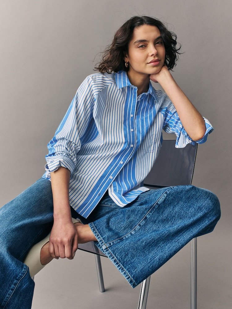 Blue Stripe Girlfriend Oversized Long Sleeve Shirt - Image 1 of 8