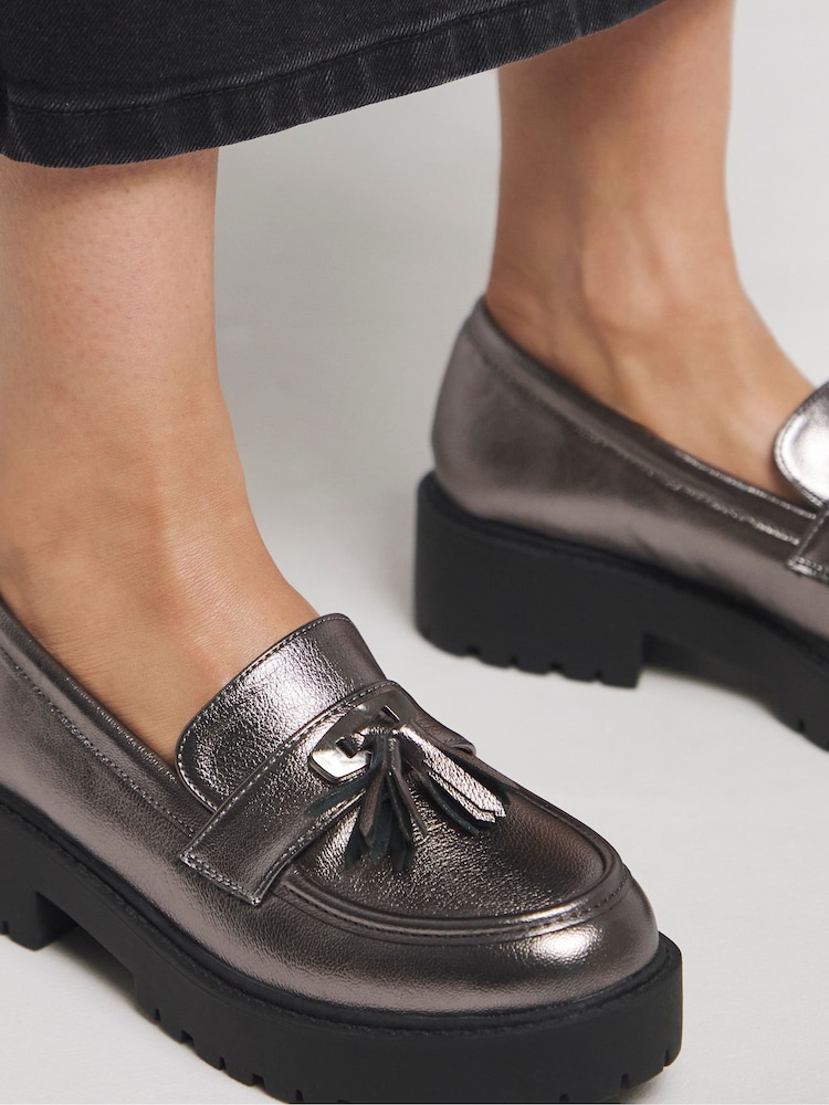 Simply Be Silver Chrome Tassel Detail Chunky Loafers In Extra Wide Fit - Image 1 of 4