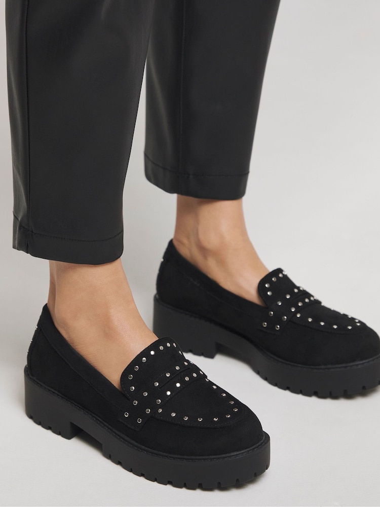 Simply Be Black Extra Wide Fit Stud Detail Chunky Loafers - Image 1 of 4