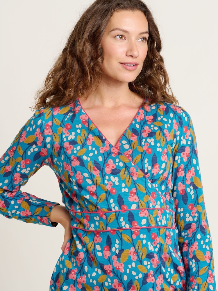 Brakeburn Blue 100% Cotton Trailing Berry Wrap Dress - Image 4 of 4