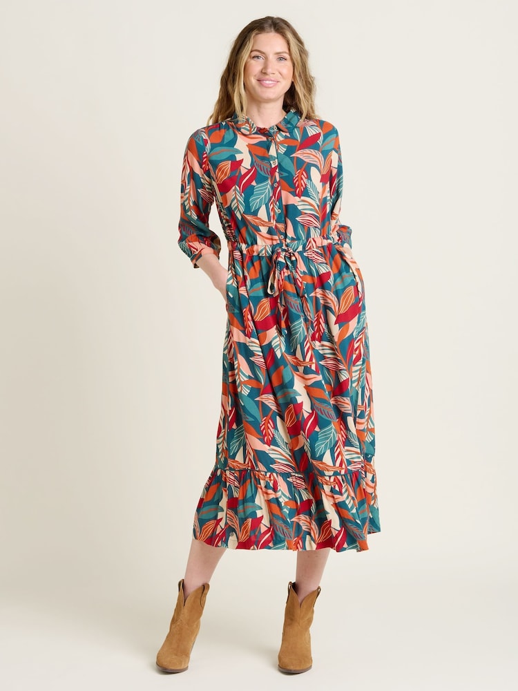 Brakeburn Orange Evergreen Leaves Maxi Shirt Dress - Image 1 of 6