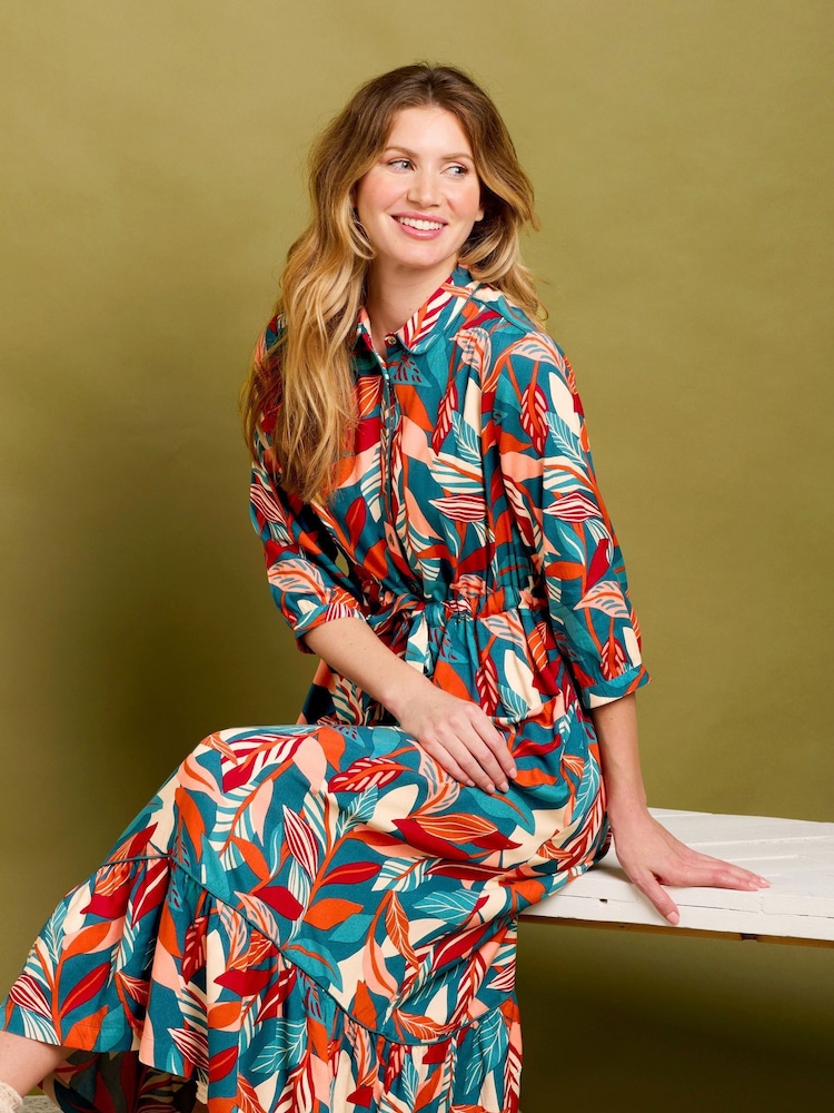 Brakeburn Orange Evergreen Leaves Maxi Shirt Dress - Image 6 of 6