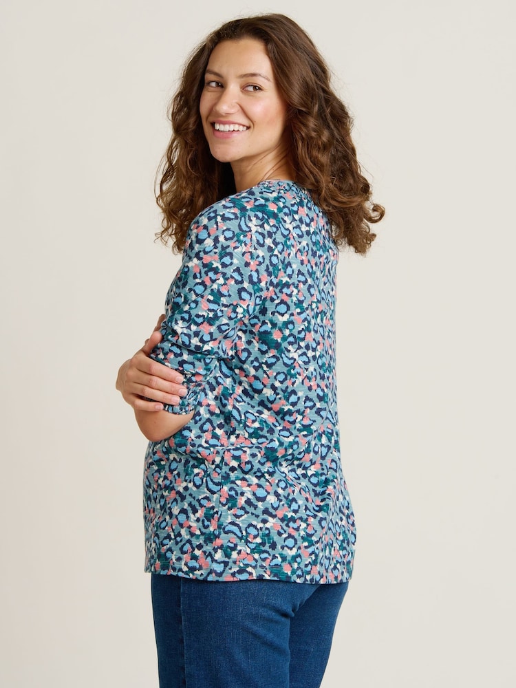 Brakeburn Blue Brushed Leopard Long Sleeve 100% Cotton T-Shirt - Image 2 of 4 Brakeburn Blue Brushed Leopard Long Sleeve 100% Cotton T-Shirt - Image 2 of 4