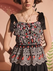 Cath Kidston Black Cherry Shirred Cami 100% Cotton Top - Image 1 of 7