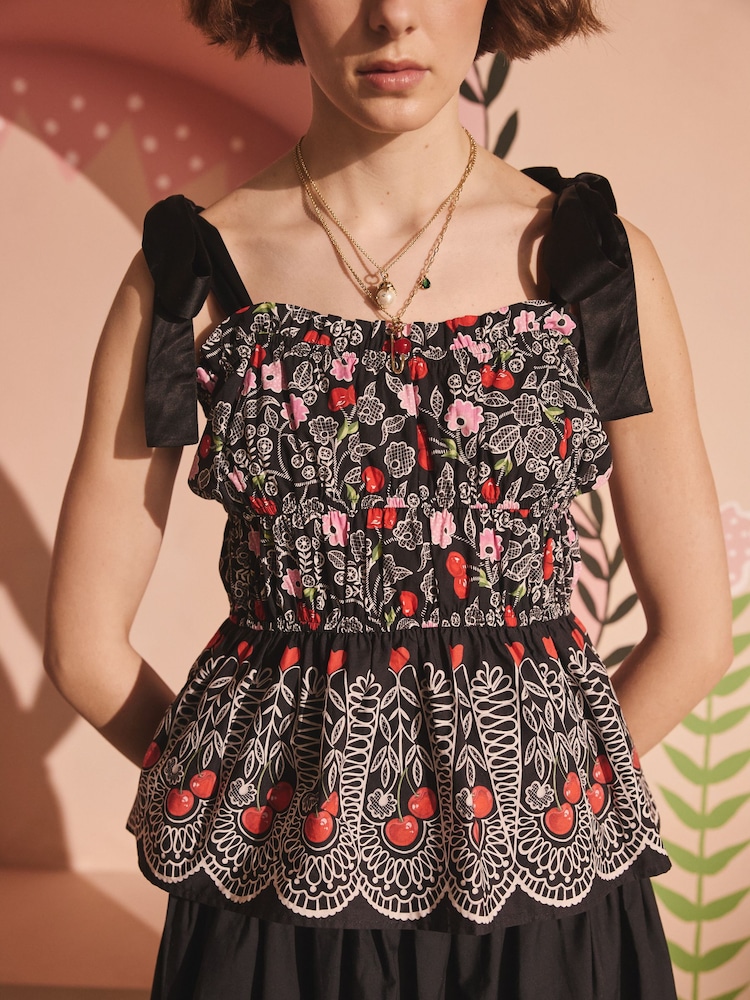 Cath Kidston Black Cherry Shirred Cami 100% Cotton Top - Image 1 of 7